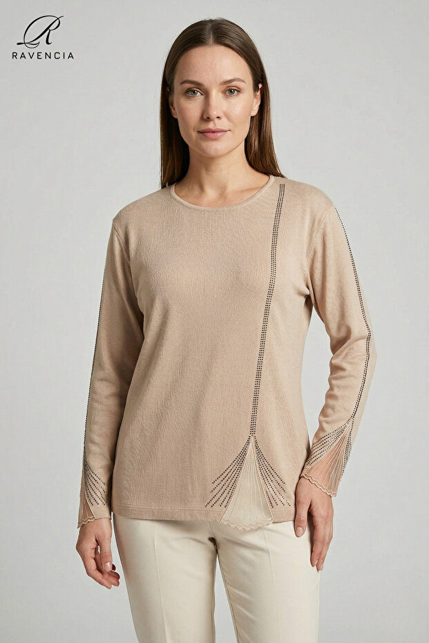 Women's Beige Vertical Line Patterned Lace Embroidered Stoned Slit Lycra Mother Combed Cotton Blouse
