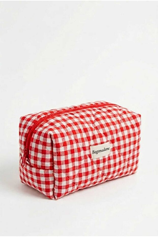Red Gingham Patterned Single Compartment Zippered Cosmetic Organizer Pen Holder Travel Makeup Bag
