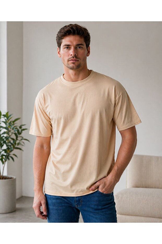 Crew Neck Unisex Basic Plain Beige T-Shirt