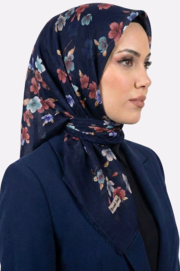 Women's Navy Blue Floral Patterned Flared Scarf