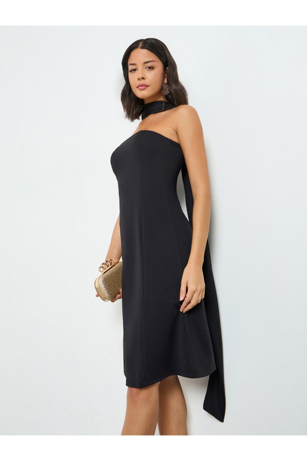 Black Bandeau Knee Length Dress with Neck Scarf