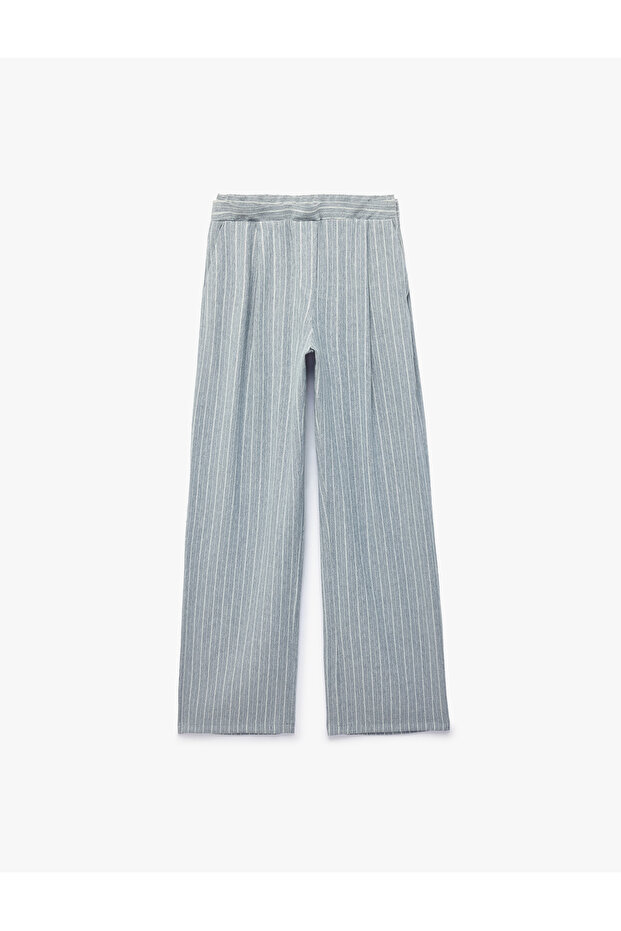 Viscose Blended Pocketed Pleated Detailed Straight Wide Leg Striped Fabric Trousers