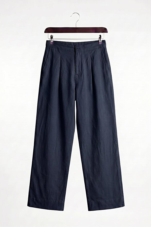 Classic Pleated Linen Navy Blue Trousers