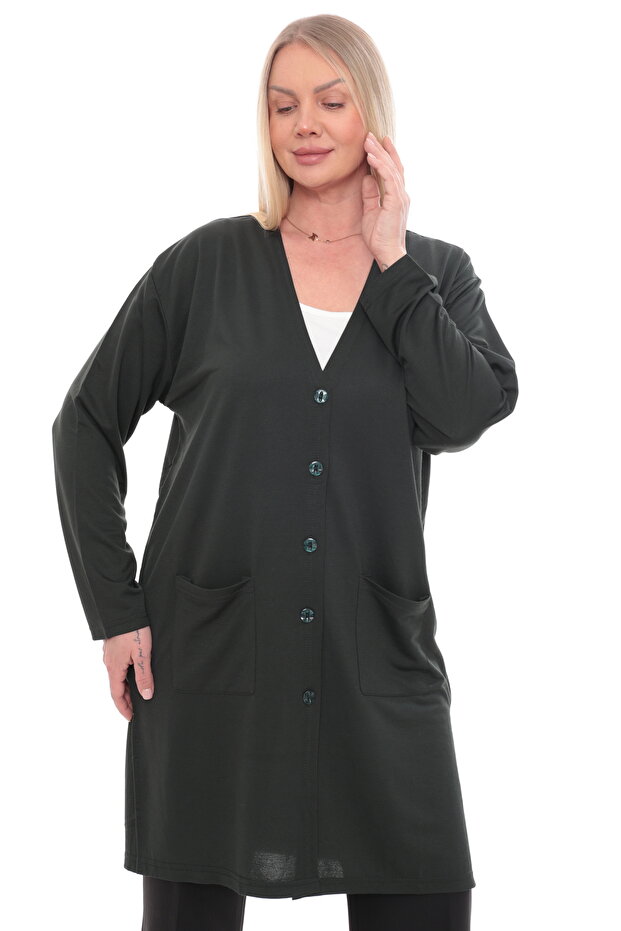 Women's Buttoned Pocketed V-Neck Casual Summer Combed Cotton Long Mother's Jacket Cardigan
