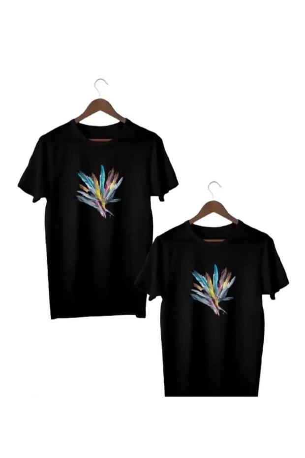 Special Series Colorful Feathers Printed 100% Cotton Mother-Child Combination T-Shirt