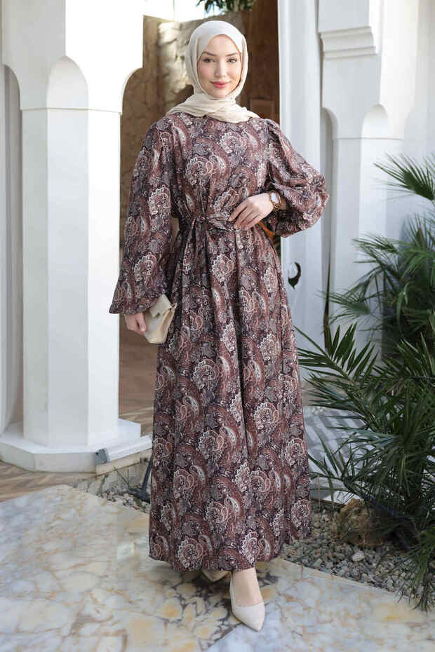 Brown Balloon Sleeve Patterned Viscose Dress