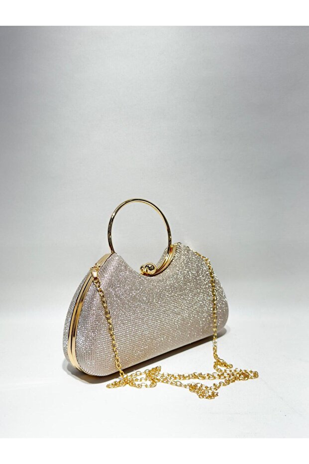 Gold Color Big Stone Material Design Evening Dress Clutch Chain Strap Handheld Wedding Engagement Evening Bag