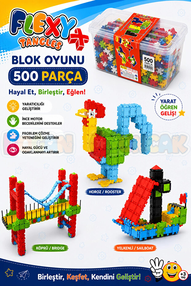 Flexy Tangles Block Game 500 Pieces - Toy Lego Set - Interlocking Stem Lego Set - Educational