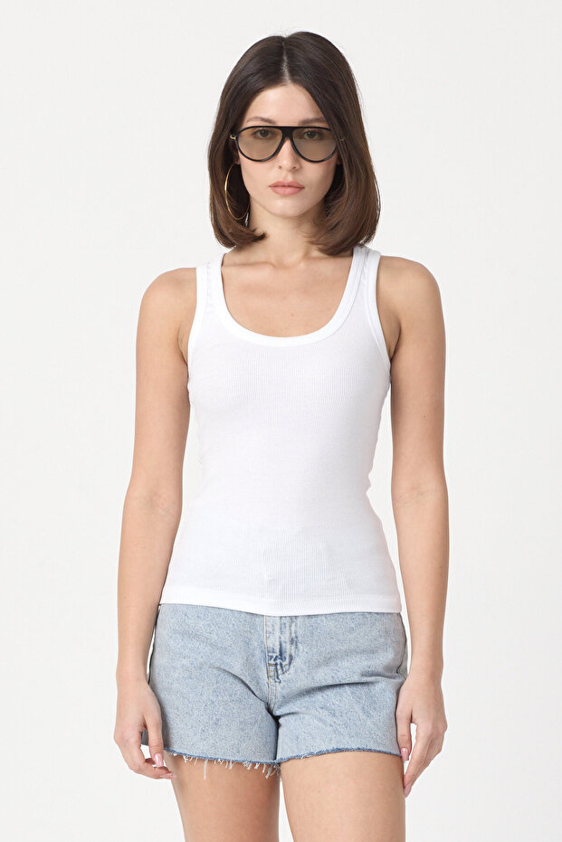 Women's White Ribbed Look Thick Strap Basic Ribbed Athlete Blouse
