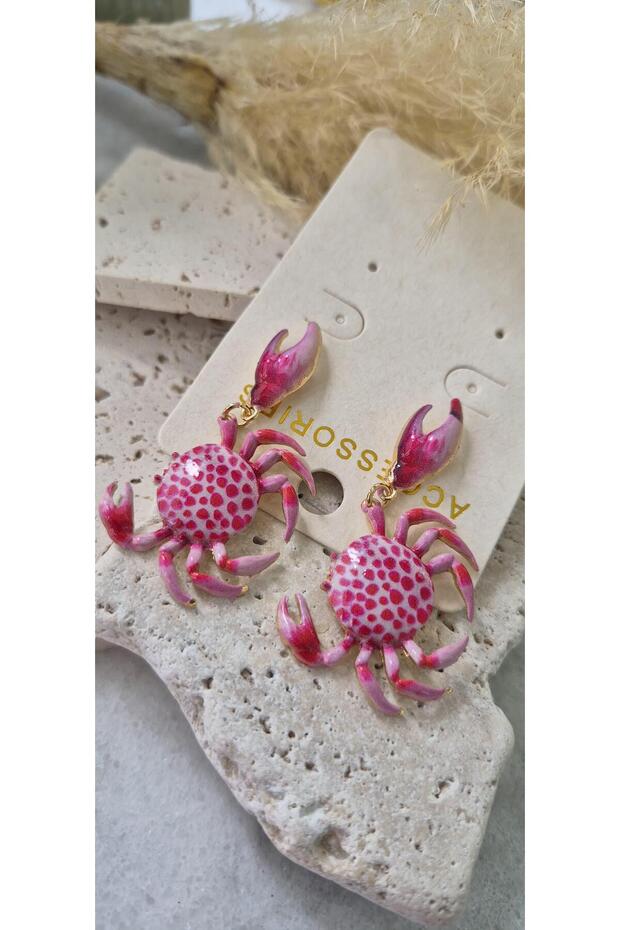Dükkan Ajia Pink Enamel Embellished Spotted Crab Figured Dangle Earrings for Women