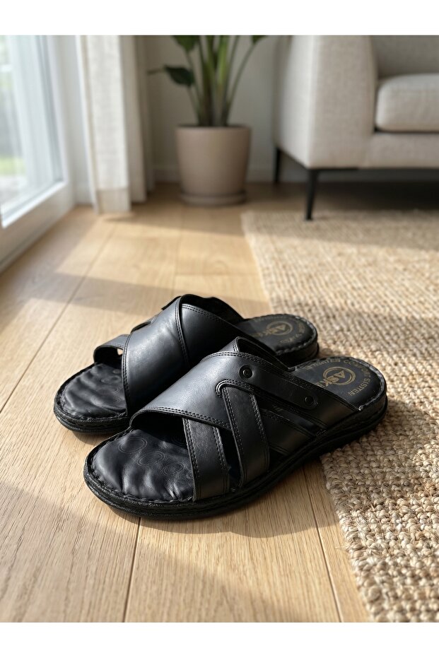 Genuine Leather Men's Sandals Slippers Summer Orthopedic Comfortable Daily Use Black 1420