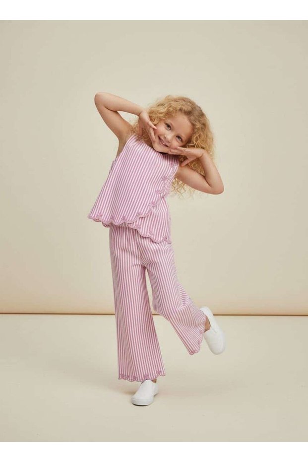 Girl's Summer Pink Festive Striped Comfortable Stylish Linen Two-Piece Set Girl's Wedding Summer Vacation Stylish Comfortable Pink Striped Set