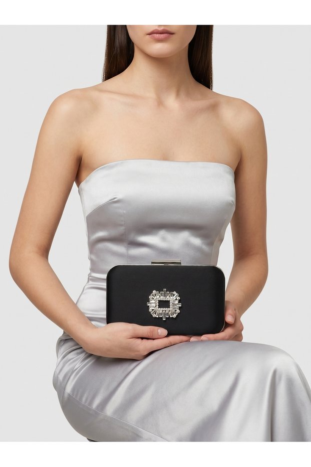 Black Z.A.R.A. Satin Crystal Stone Embroidered Chain Women's Evening Dress Bag Wedding Engagement Graduation