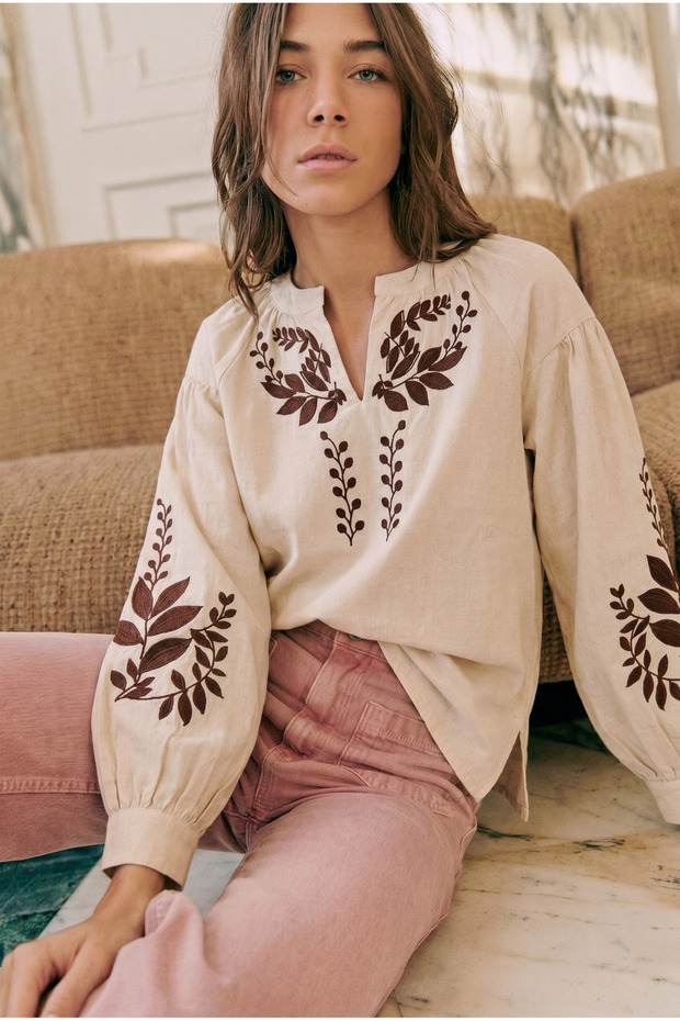Women's Brown Balloon Sleeve Embroidered Cotton Blouse