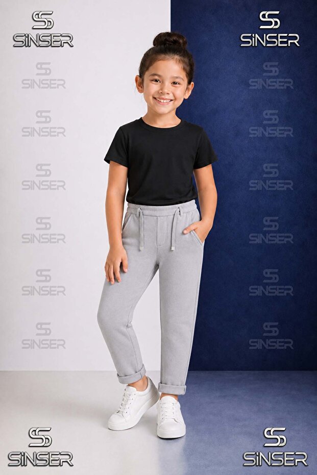 Girls' Plain Trousers with Elastic Waist, Lycra, Folded Cuffs Style 7.Mdl