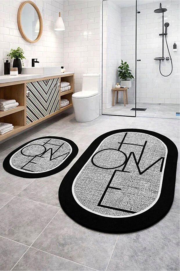Digital Non-Slip Washable Home Jute Look Oval Double Bath Mat Bathroom Decor 40X60+60X90 cm