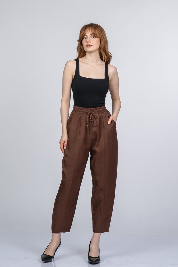 Women's Summer Brown Orielle Elastic Waist Ankle Length Trousers Stylish Daily Comfortable 30388