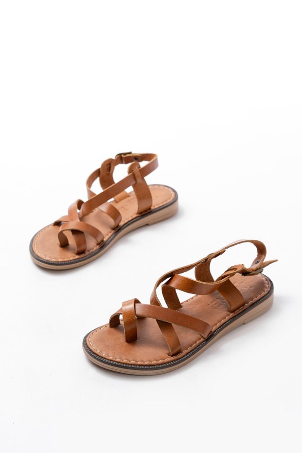 Zri̇n-205-08 Premium Tan Orthopedic Genuine Leather Women's Sandals