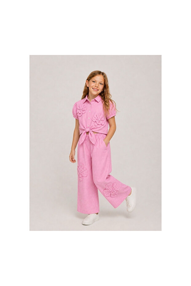 Girls' Flower-Embroidered Flamingo Linen Set