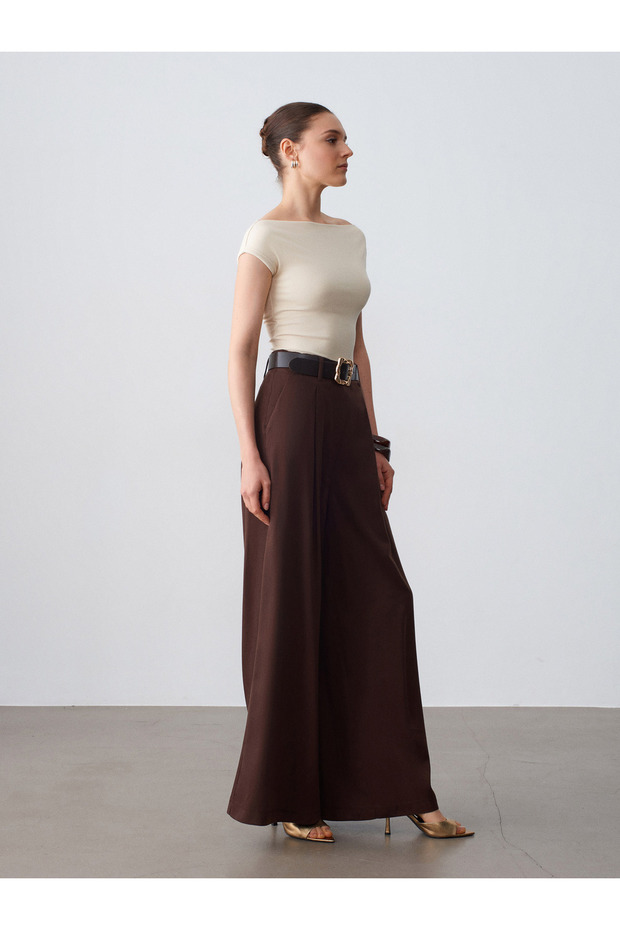 72692 100% Lyocell Pleated Wide Leg Trousers-Brown