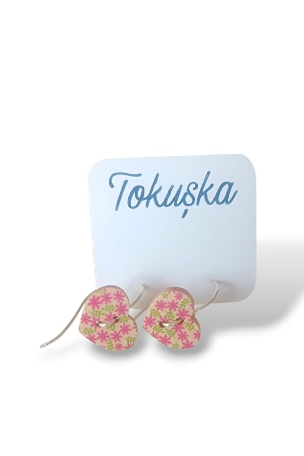Wooden Heart Shaped Pink Green Minimalist Floral Pattern Printed Button Dangle Earrings
