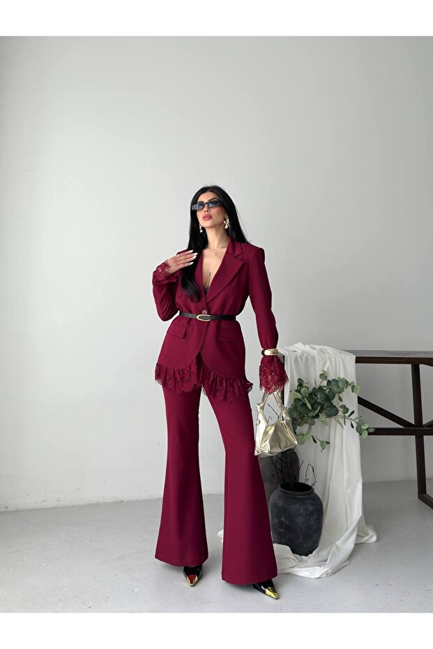 Premium Dantel Detaylı Blazer Ceket İspanyol Paça Takım - 2