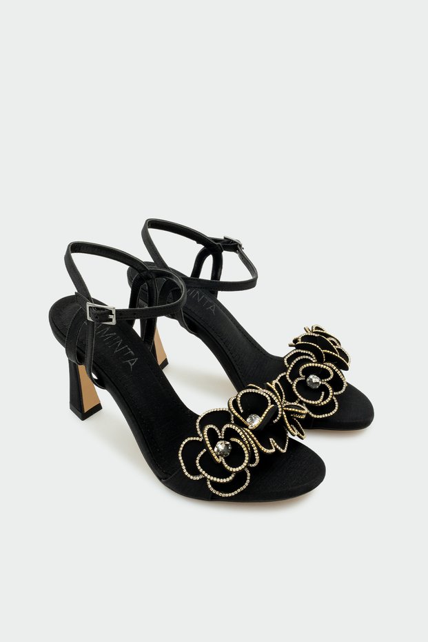 Cage Stone Flower Detailed Women's Black Heeled Shoes