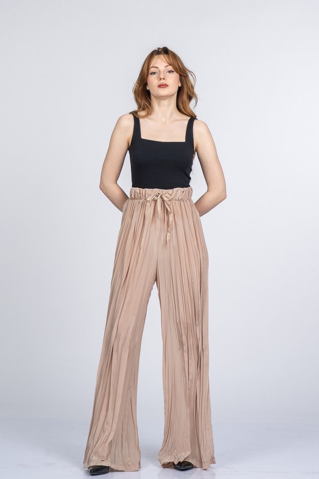 Women's Summer Beige Lorienne Crinkled Loose Chiffon Trousers Casual Comfortable 30397