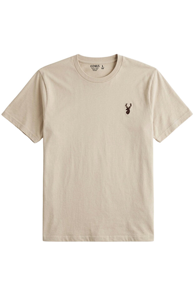 Men's Beige T-Shirt 100% Cotton Single Jersey Basic T-Shirt Crew Neck Embroidered T-Shirt