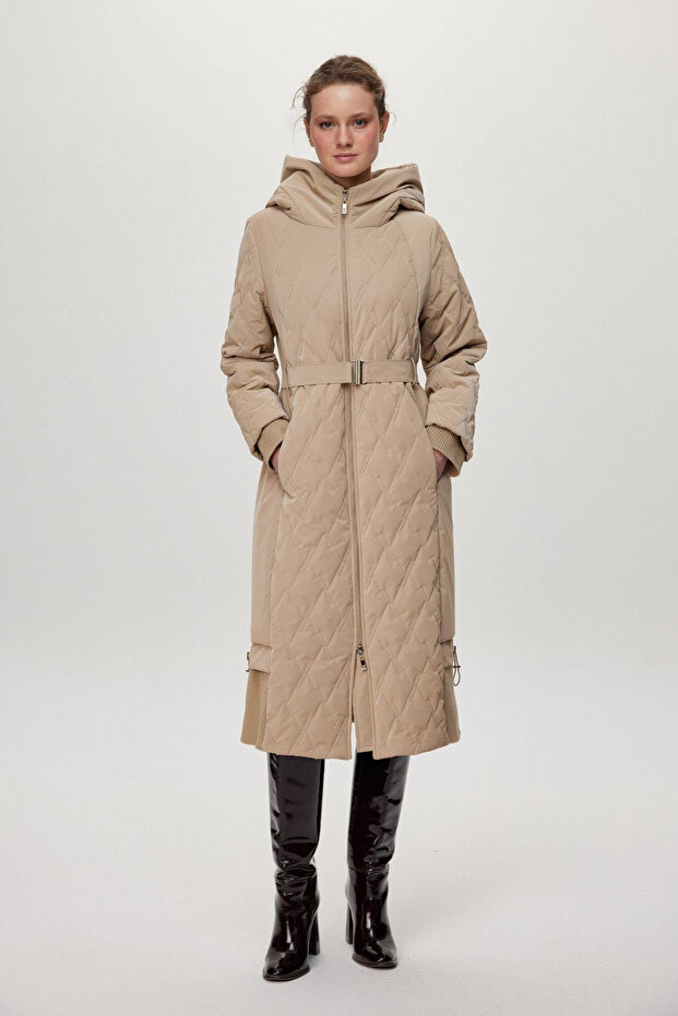 Hooded Belted Detailed Quilted Coat Beige 13973