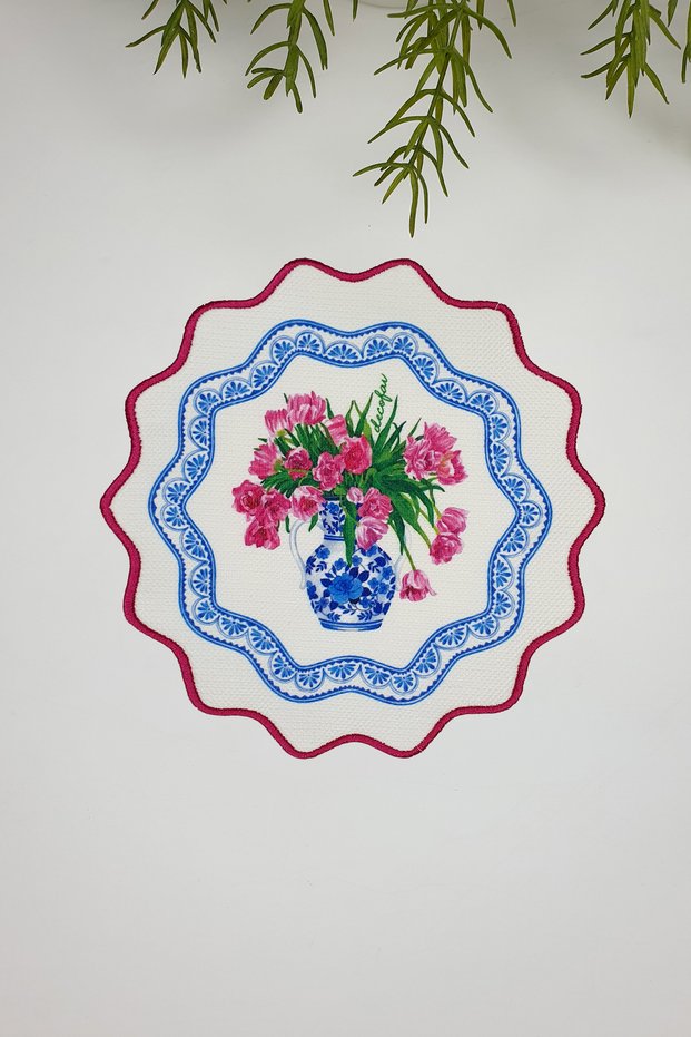 Blue Vase Pink Floral Scallop Embroidery Edge Cocktail Napkin 1 Piece