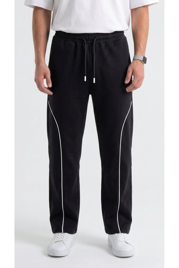 Men's Black Color Wide Leg Baggy Sweatpants with Front Piping and Back Pocket Detail