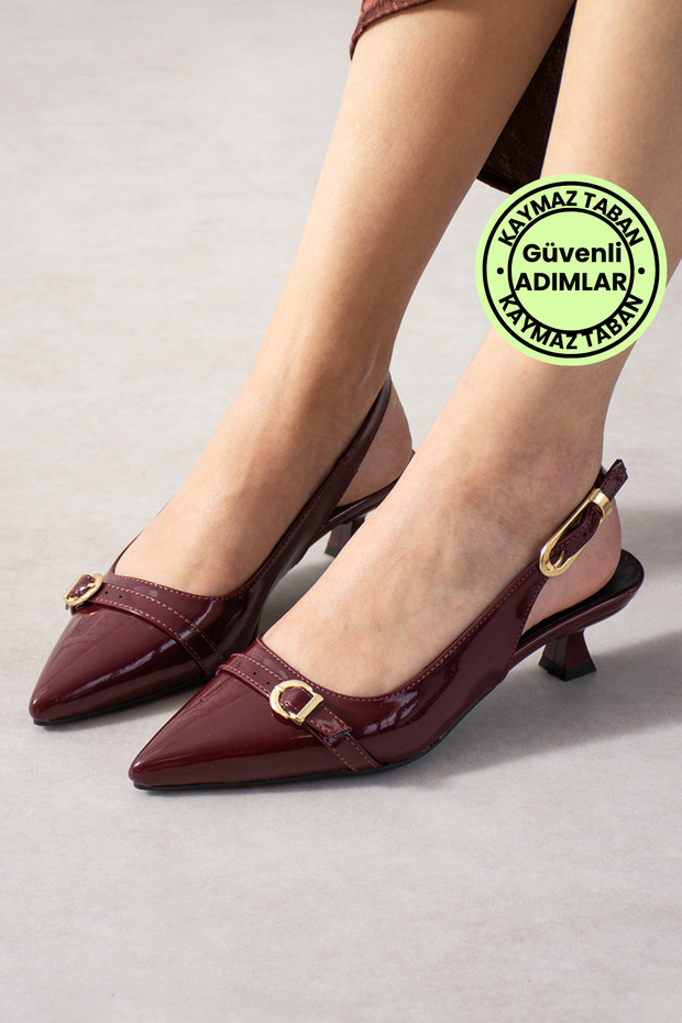 Two-Buckle Hazelnut Heel Women's Shoes 4 cm Patent Leather Burgundy