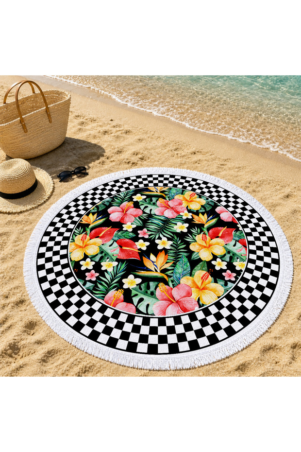 Black and White Checkered Floral Bouquet Patterned 150 cm Round Beach Towel