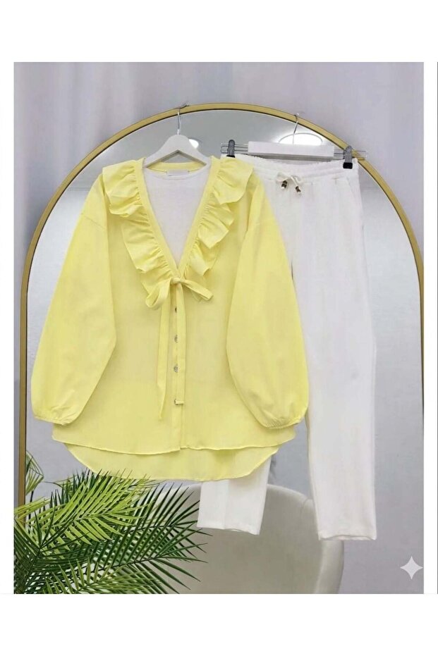 Ruffle Detailed Collar Buttoned Trouser Suit Yellow