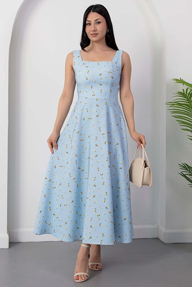 Square Neck Floral Thick Strap Dress Grs4009