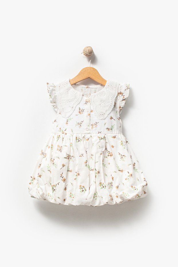 Girl's Embroidered Collar Detailed Floral Printed Balloon Skirt Dress 3719