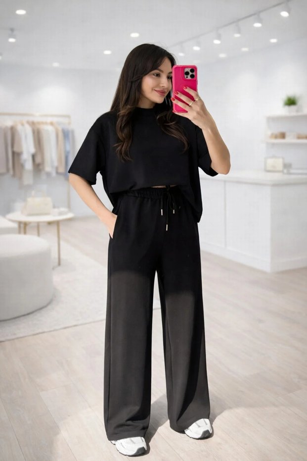 Morena Osho Fabric Women's Relaxed Fit Two-Piece Set Casual T-Shirt & Elastic Waist Wide-Leg Pants Daily Stylish Set