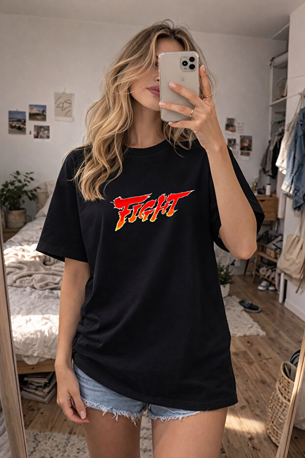 Fight Printed Crew Neck Black T-Shirt