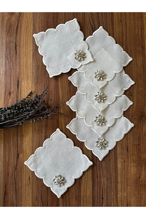 6 Pieces of Silver Stone Detailed Domed Embroidered Cocktail Presentation Napkins