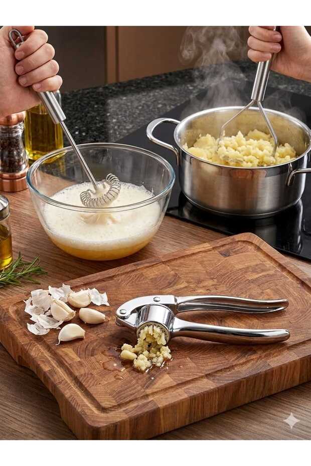 3-Piece Practical Kitchen Set Potato Masher Garlic Masher and Mini Whisk Perfect Savior 3-Piece Set