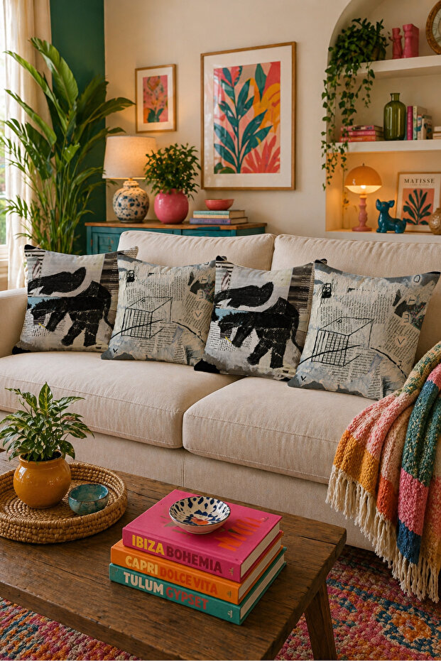 Abstract Collage Patterned Set of 4 Decorative Throw Pillow Covers 43X43 cm Modern Artistic Newspaper Printed