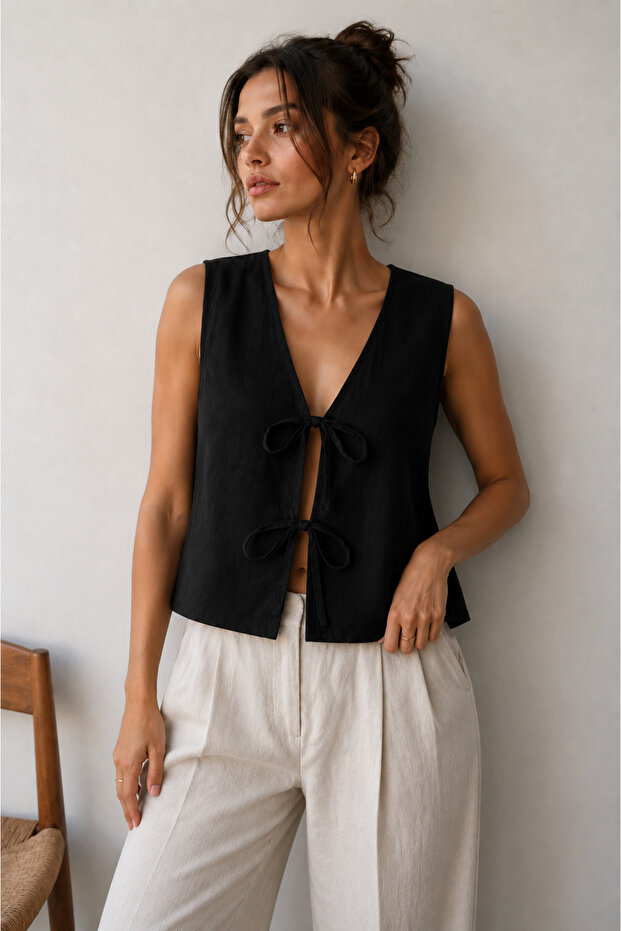 Sleeveless Tie-Front Kimono Black Tunic – Oversize, New Season, Comfortable Fit, Stylish Design - Black - Sevde Ugur