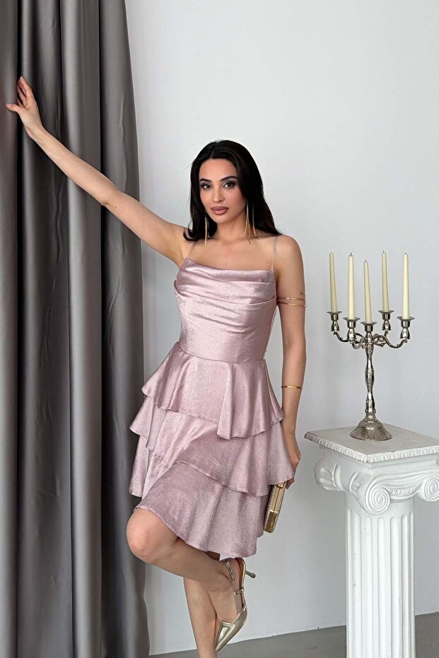 Powder Draped Thin Straps Short Evening Dress with Tie Back