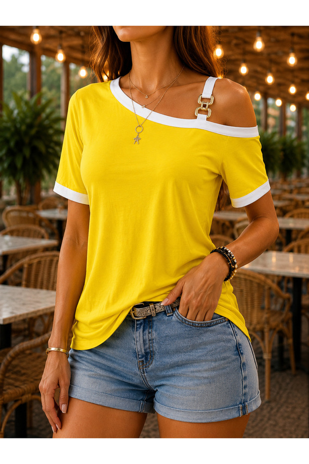 Speak Your Style - Women's One-Shoulder Gold Buckle Contrast Stripe Detailed Blouse