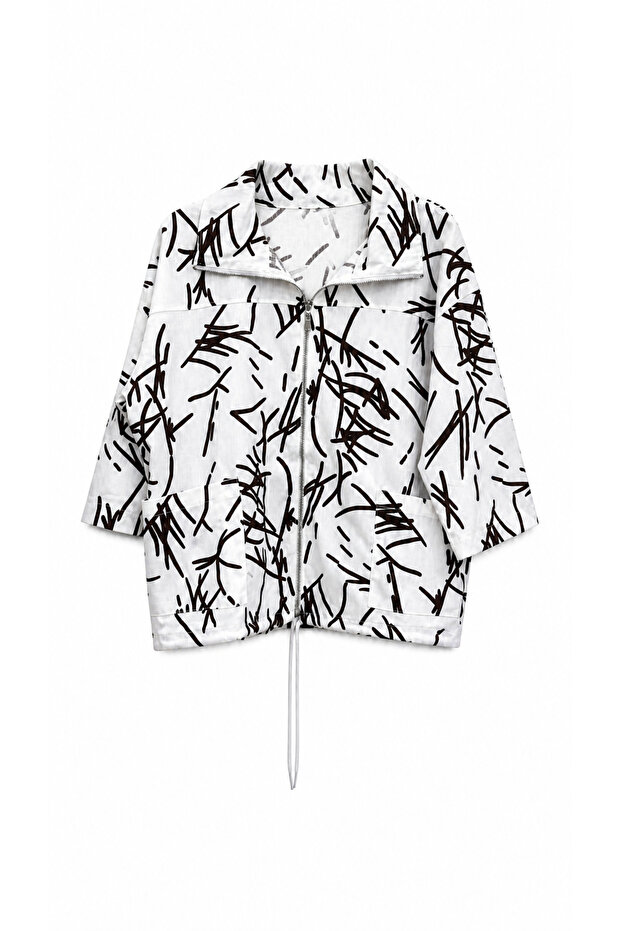 White Coffee Patterned Zippered Coat