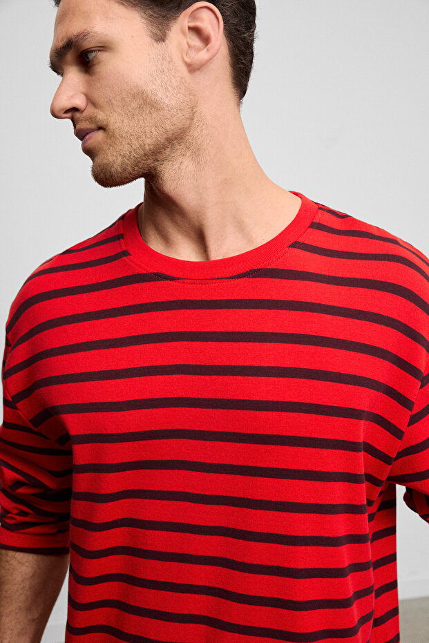 Vigos men's 100% organic cotton round neck regular fit long sleeve red striped t-shirt