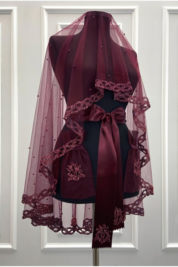 Burgundy Bridal Veil Set, Glass Beads and Pearl Decorations, Henna Night Veil Face Cover Set 6 Pieces