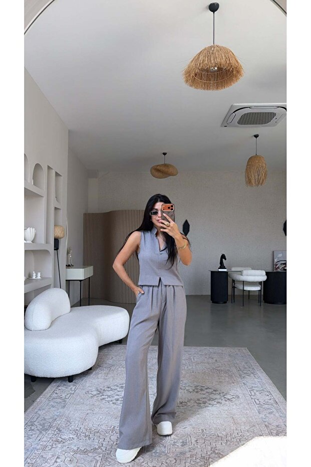 Gray Silver Accessory Trousers Blouse Set