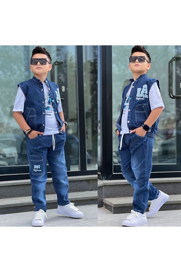 Boy's Appliqued and Pocket Detailed Denim Vest - Printed T-Shirt - Cargo Pocket Pants 3-Piece Set for Holidays - 100% Cotton